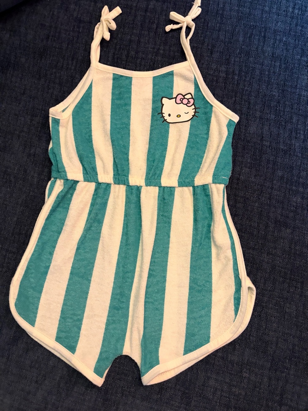 Hello Kitty Teal & White Striped Tie-Shoulder Romper